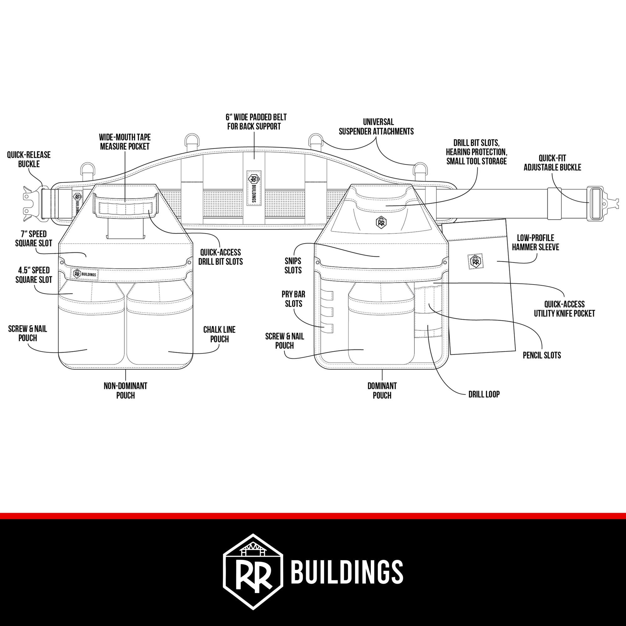 RR Buildings Tool Belt Dominant Pouch with Hammer Holster, Black