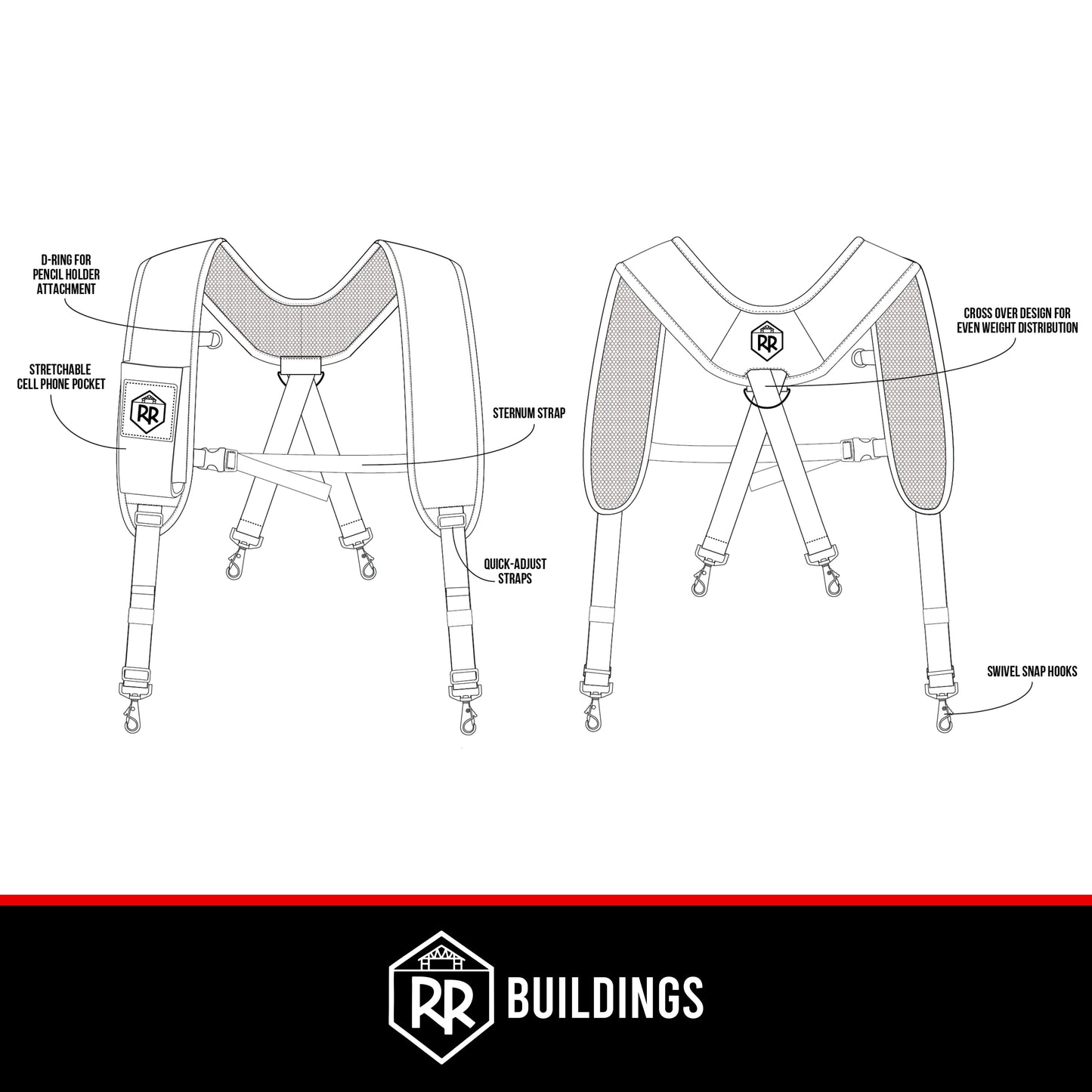 RR Buildings Suspenders for Tool Belt, Universal Size, Black